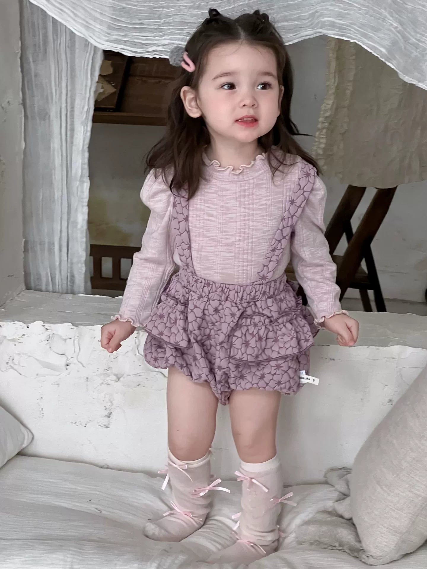 Baby striped solid color elastic knitted top with flower ruffles and sweet personality triangle sling